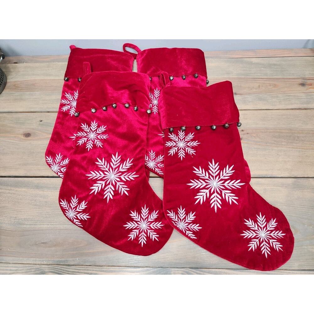 Vintage Stockings for Christmas Set Of 4 Red Snowflake Bells